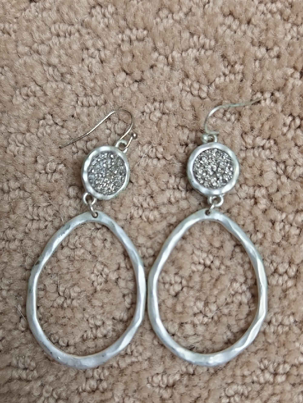 Matte Silver Dangle Hoop Earrings with Textured Crystal Discs - Women Jewelry